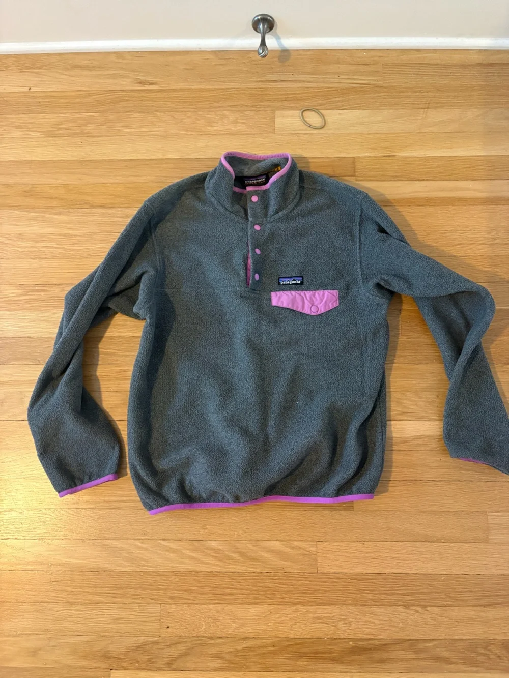Patagonia Kids Gray Fleece Pullover with Pink Trim